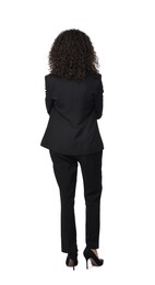 Photo of Woman in black suit isolated on white, back view