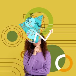 Image of Woman with different thoughts and ideas on color background, creative art collage