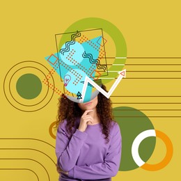 Woman with different thoughts and ideas on color background, creative art collage