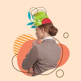 Image of Businesswoman with different thoughts and ideas on color background, creative art collage