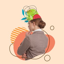 Businesswoman with different thoughts and ideas on color background, creative art collage