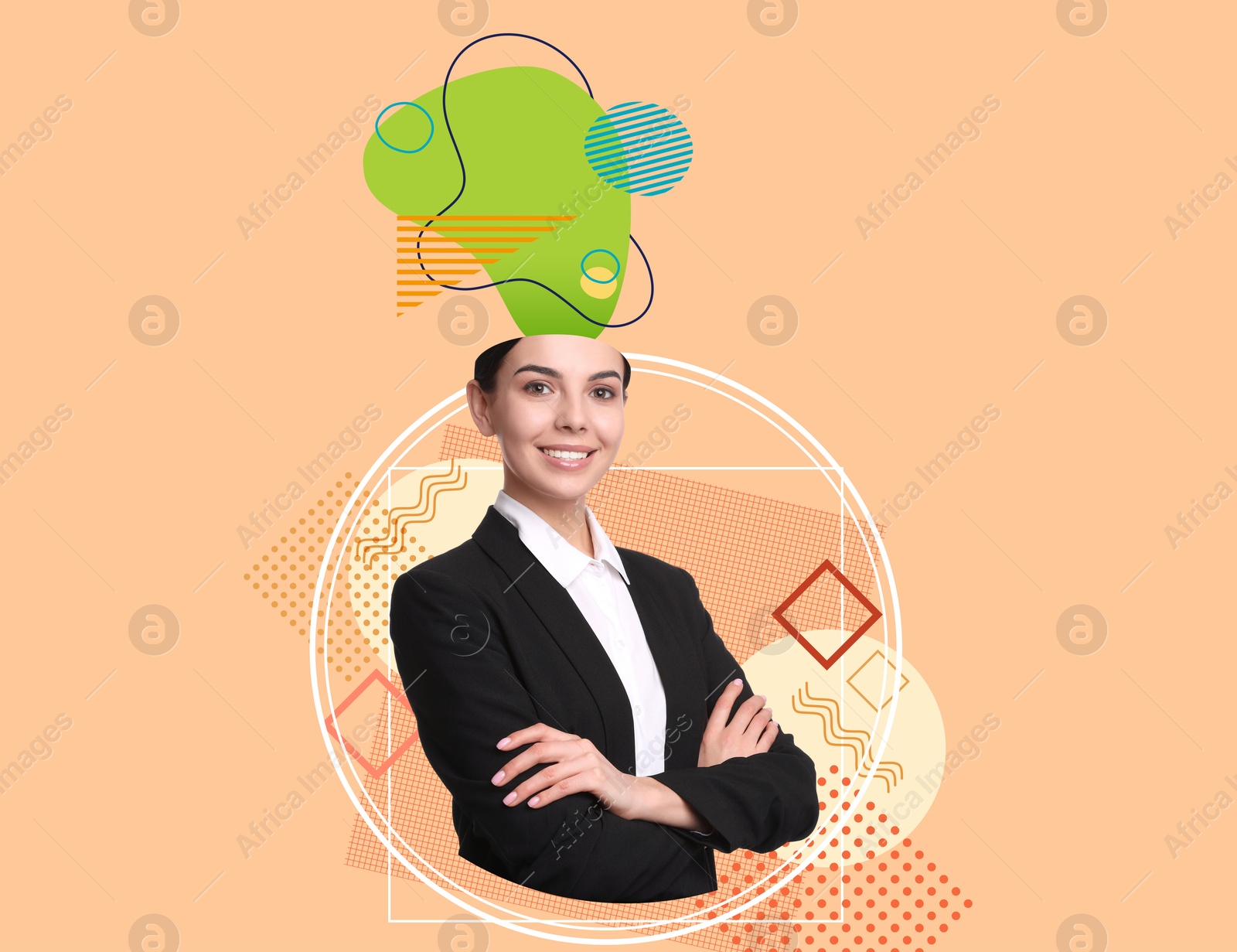 Image of Creative art collage of businesswoman with drawn elements coming out of her head on color background