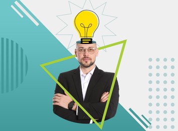 Image of Great idea or solution, creative art collage. Businessman with light bulb sticking out of his head on color background