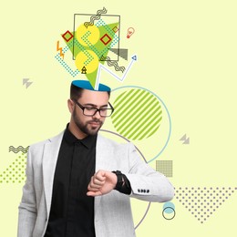 Businessman with different thoughts and ideas checking time on color background, creative art collage