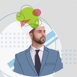 Creative art collage of confident businessman with drawn elements coming out of his head on color background