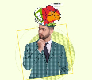 Image of Businessman with different thoughts and ideas on color background, creative art collage