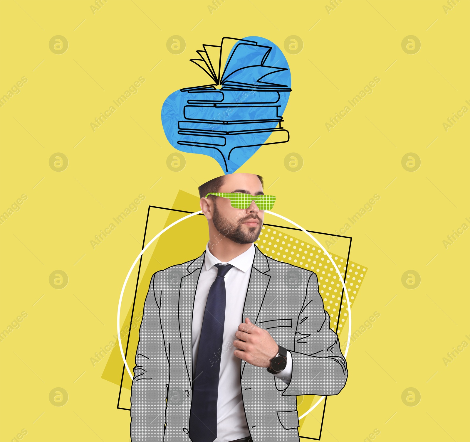 Image of Businessman thinking about literature on color background. Illustration of books coming out of her head