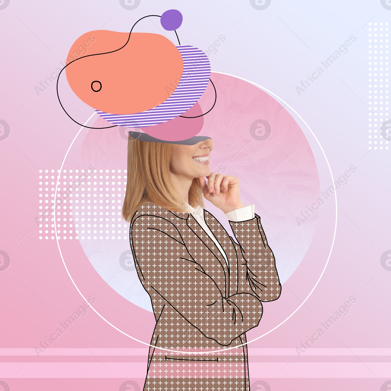 Image of Creative art collage of businesswoman with drawn elements coming out of her head on color background