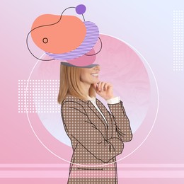Image of Creative art collage of businesswoman with drawn elements coming out of her head on color background