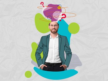Image of Thoughtful man on color background. Speech balloon and question marks coming out of his head