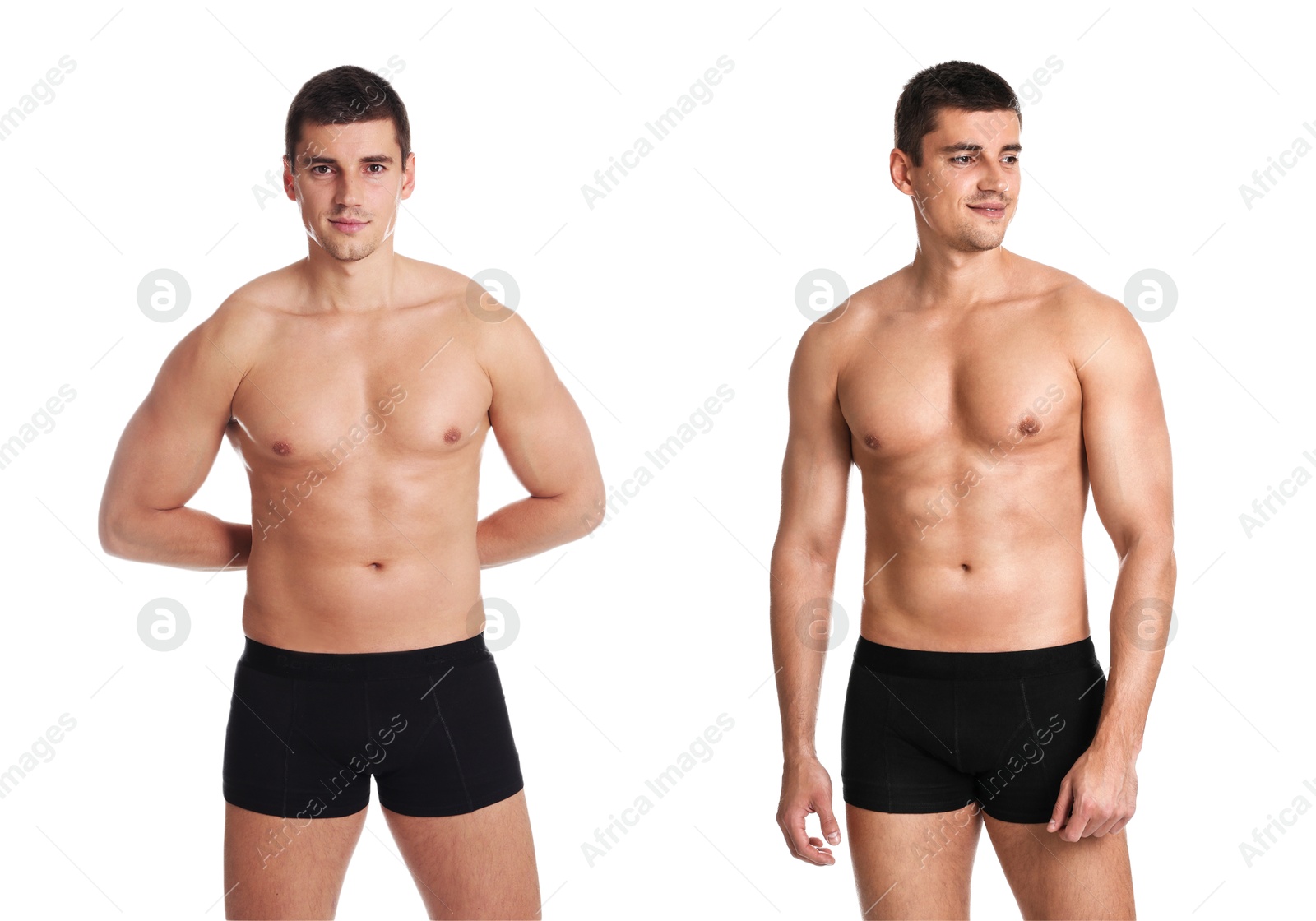 Image of Man showing body before and after weight loss on white background