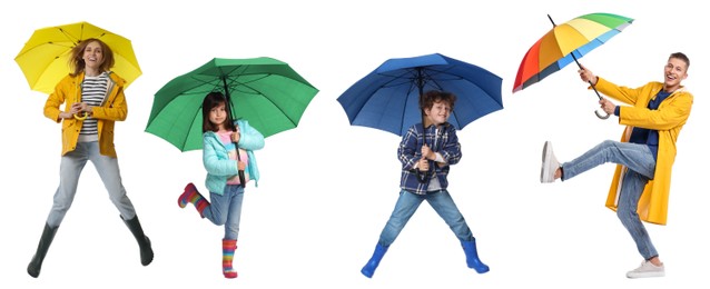 Adults and kids with bright umbrellas on white background