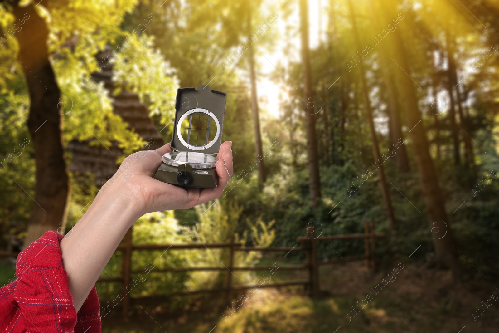 Image of Woman holding compass near hut in sunlit forest, closeup