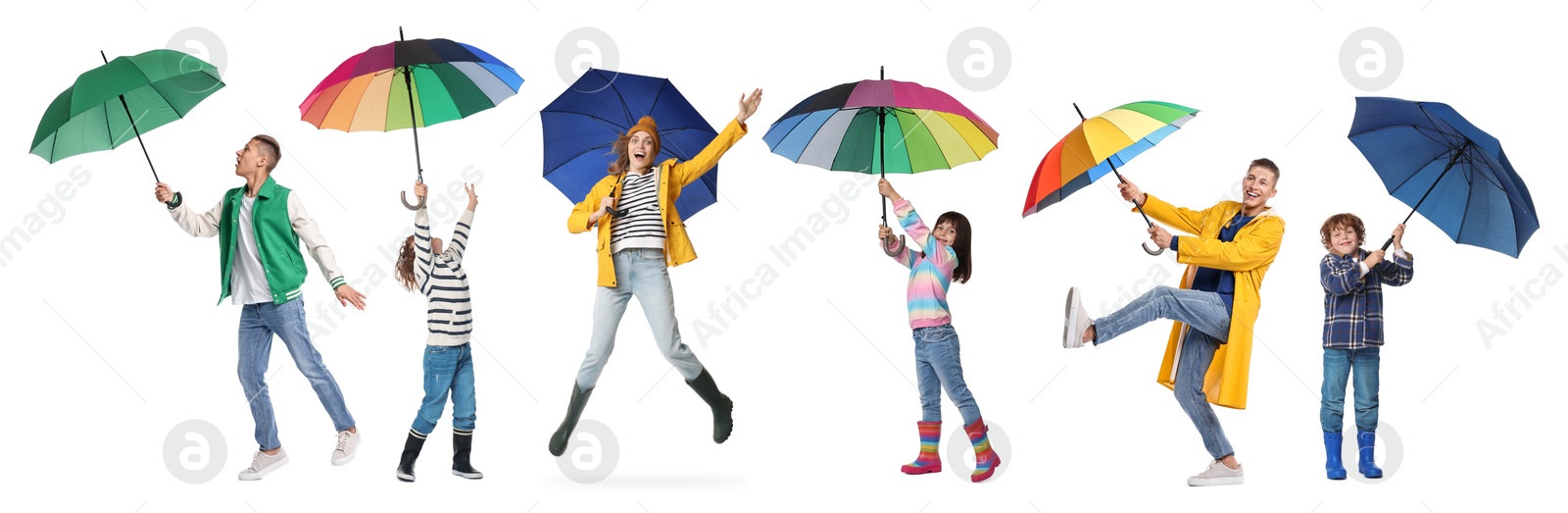 Image of Adults and kids with bright umbrellas on white background