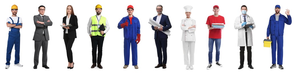 People of different professions. Collage with portraits on white background