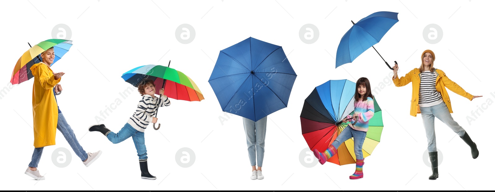 Image of Adults and kids with bright umbrellas on white background