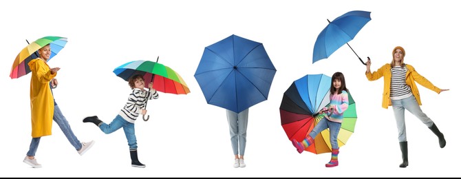 Adults and kids with bright umbrellas on white background