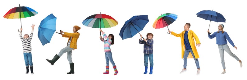 Adults and kids with bright umbrellas on white background