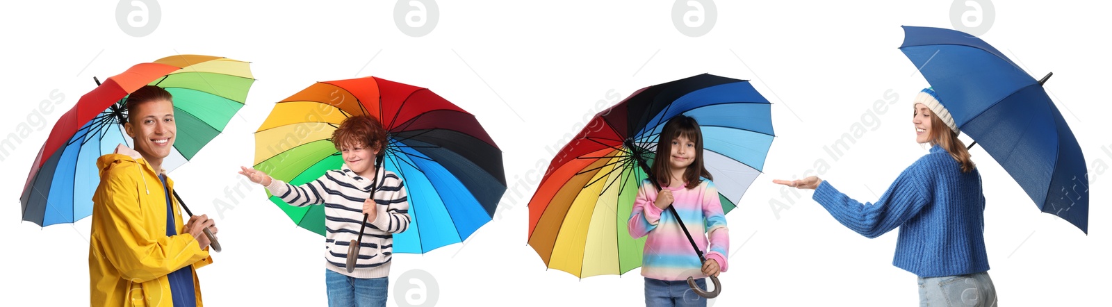 Image of Adults and kids with bright umbrellas on white background