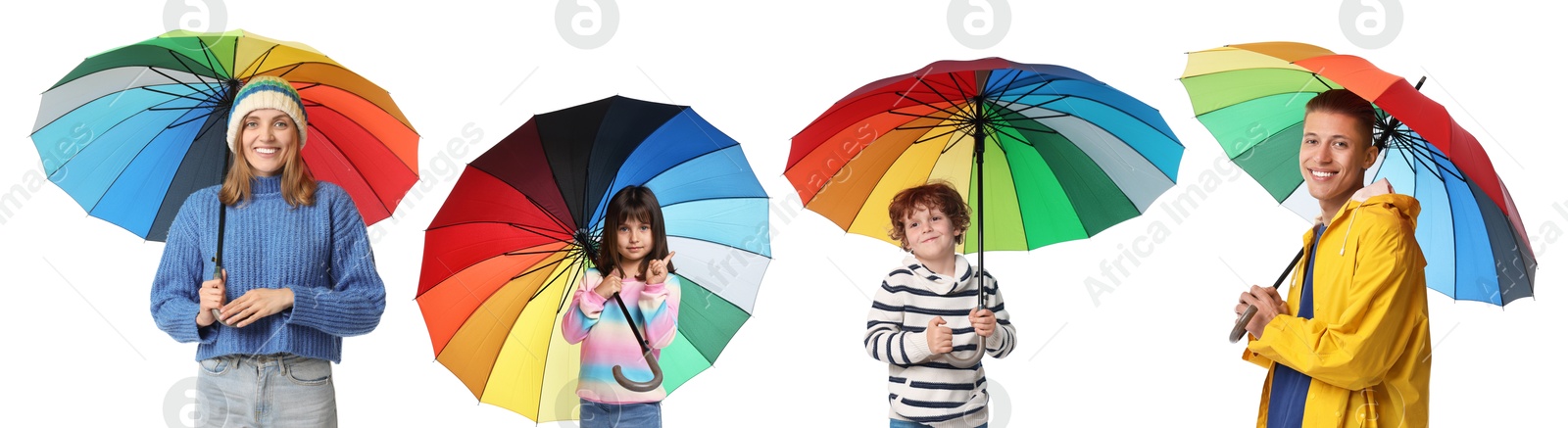 Image of Adults and kids with bright umbrellas on white background