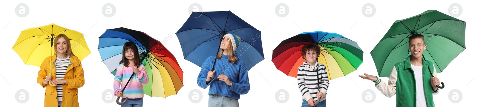 Image of Adults and kids with bright umbrellas on white background