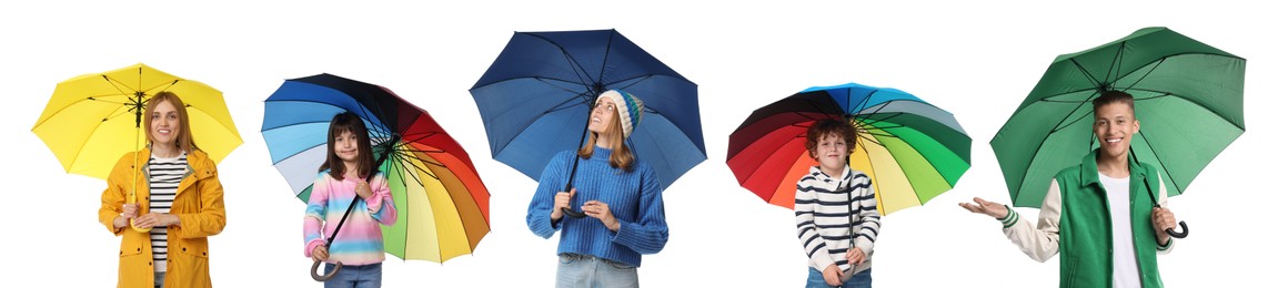 Adults and kids with bright umbrellas on white background