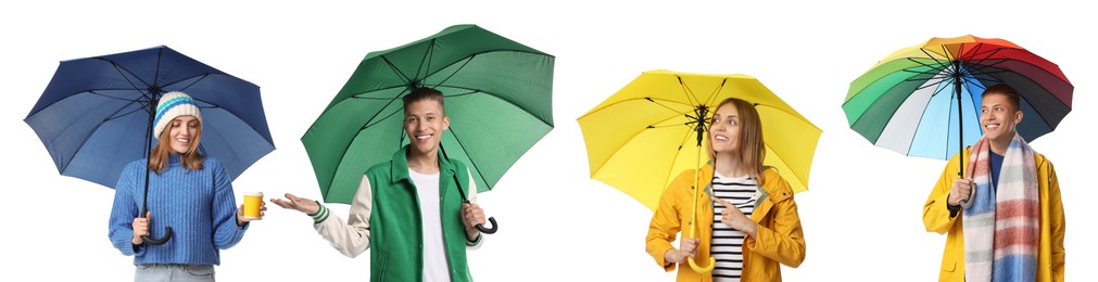 Image of Man and woman with bright umbrellas on white background, collage
