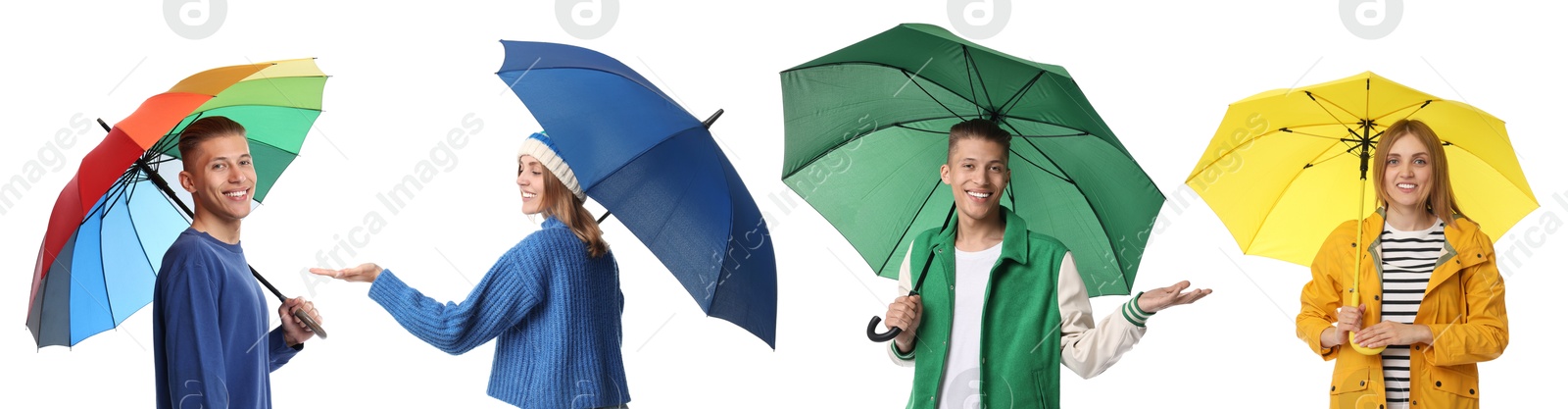 Image of Man and woman with bright umbrellas on white background, collage