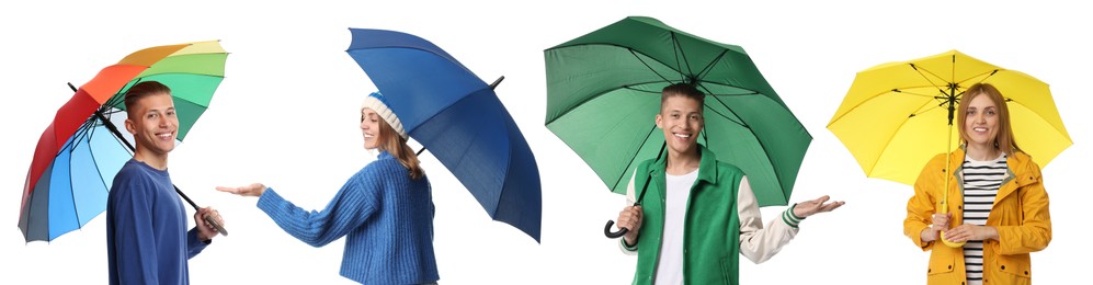 Man and woman with bright umbrellas on white background, collage