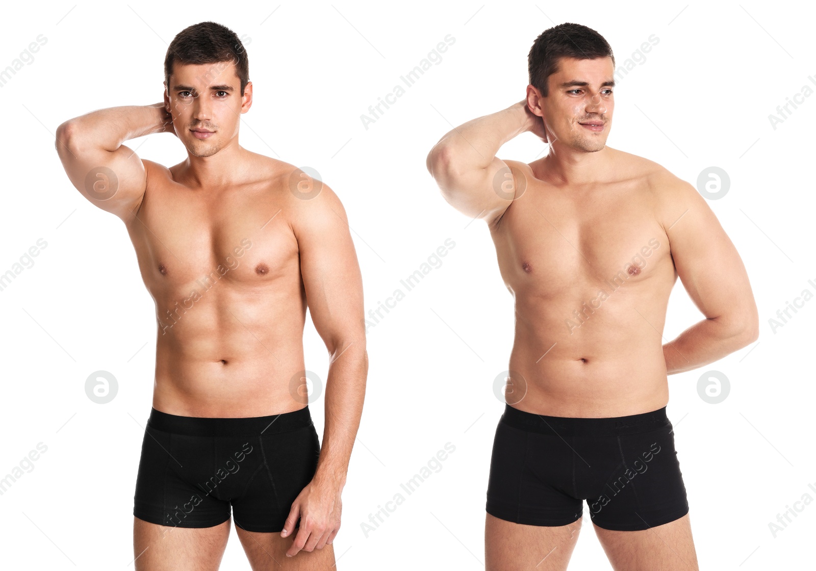 Image of Man showing body before and after weight loss on white background