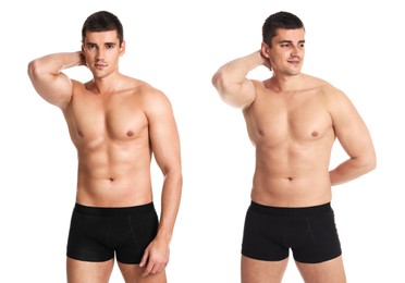 Man showing body before and after weight loss on white background