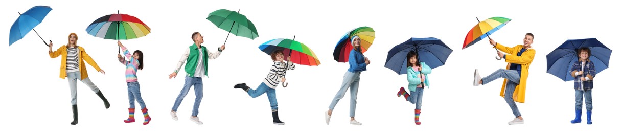 Adults and kids with bright umbrellas on white background