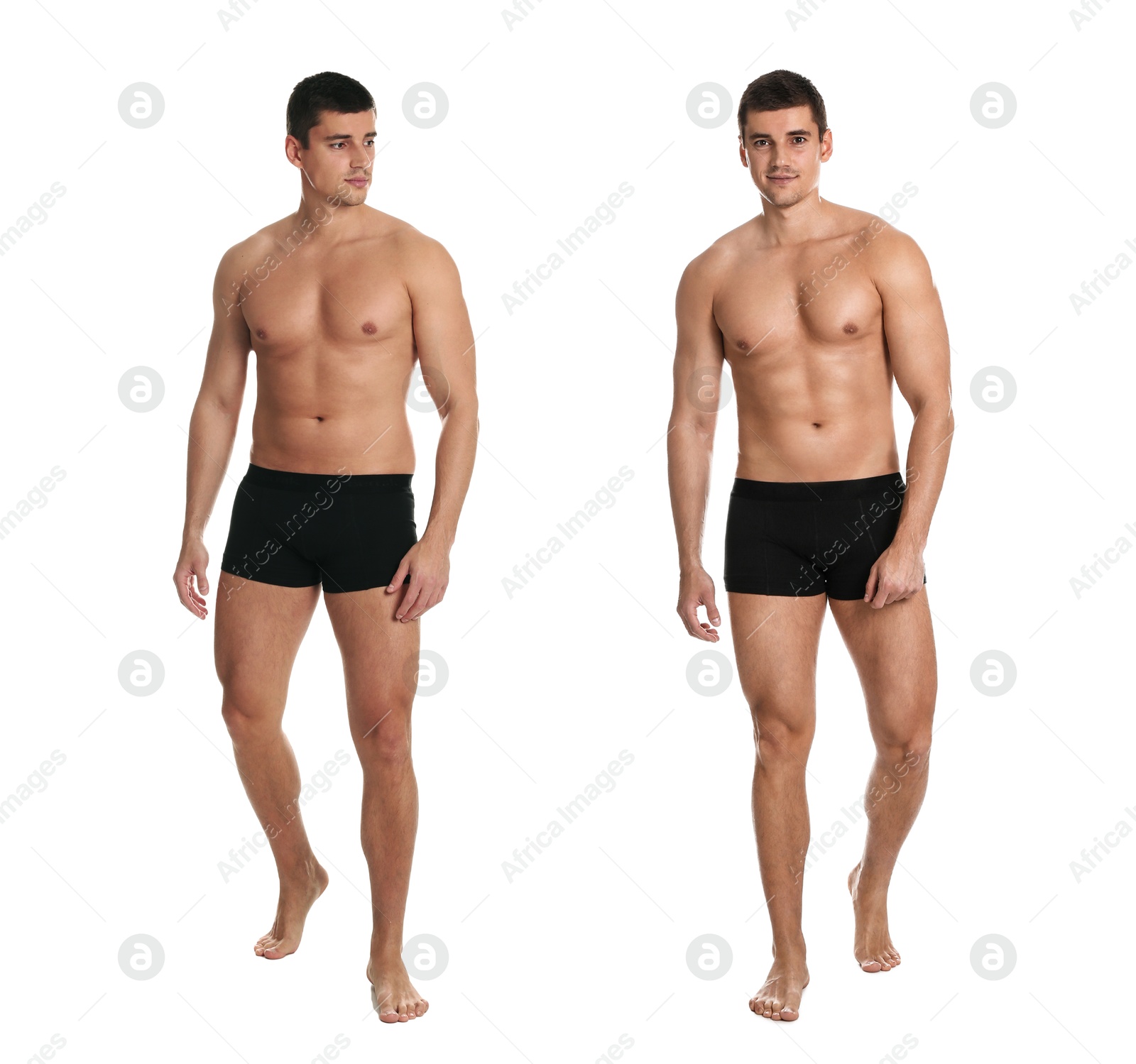 Image of Man showing body before and after weight loss on white background