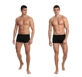 Image of Man showing body before and after weight loss on white background