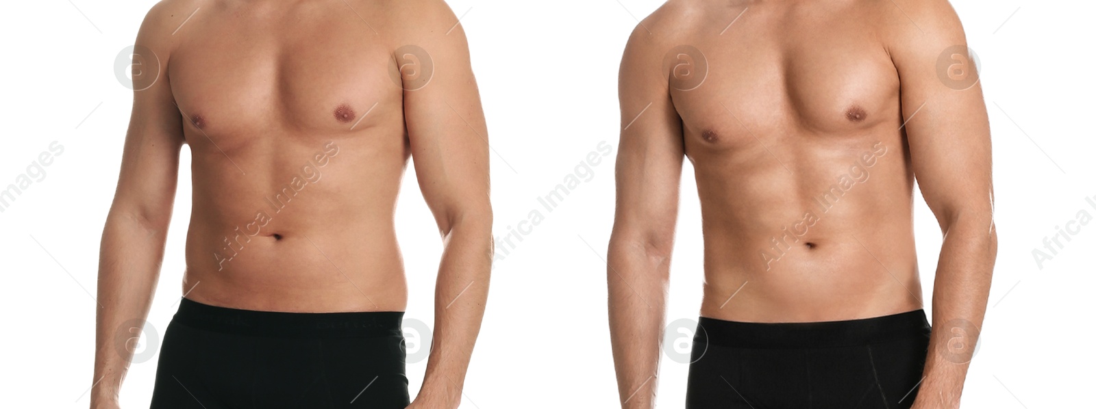 Image of Man showing body before and after weight loss on white background, closeup