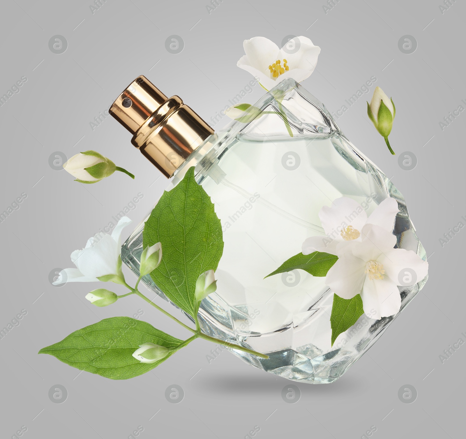 Image of Bottle of floral perfume and jasmine flowers in air on light grey background