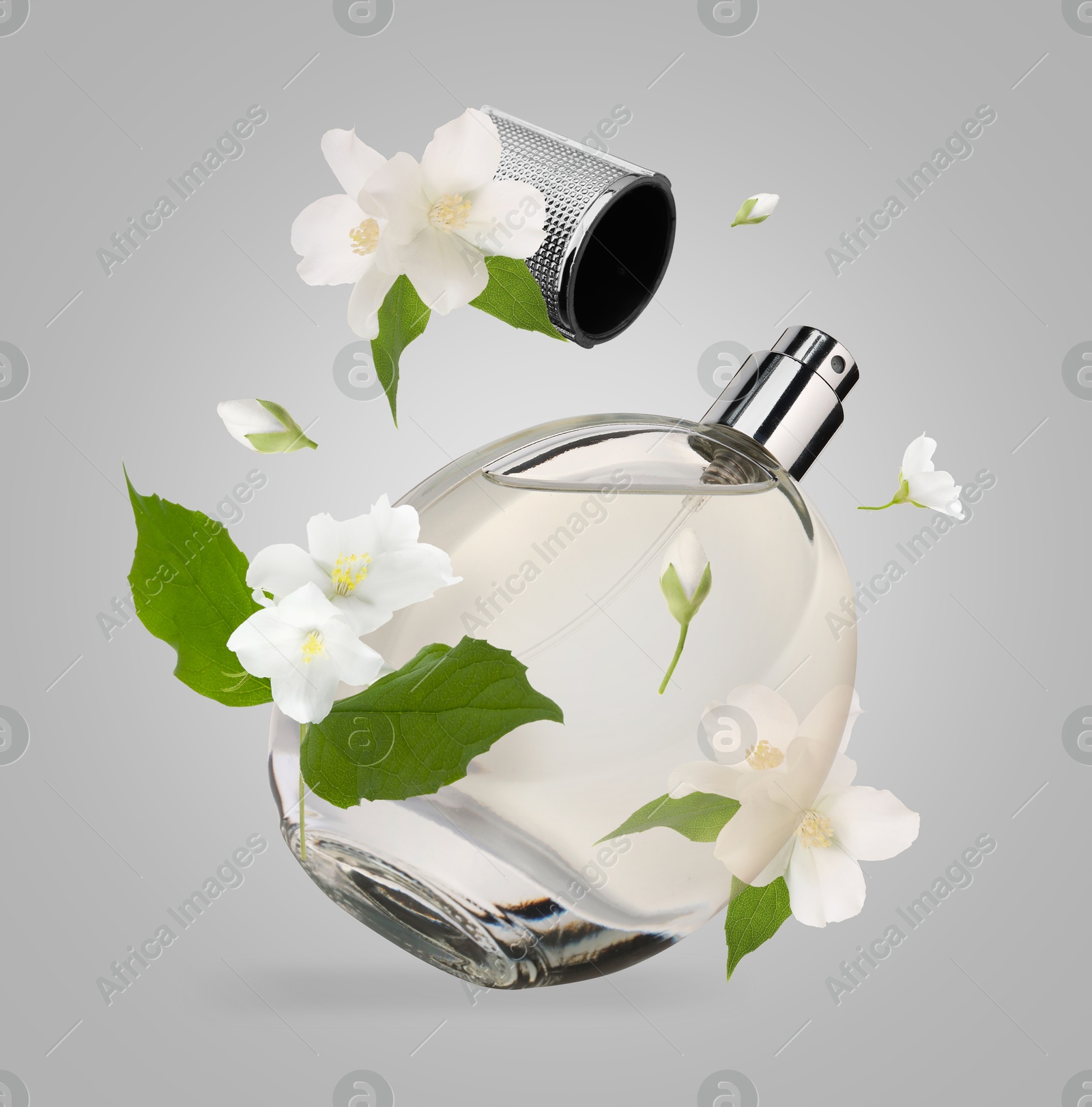 Image of Bottle of floral perfume and jasmine flowers in air on light grey background