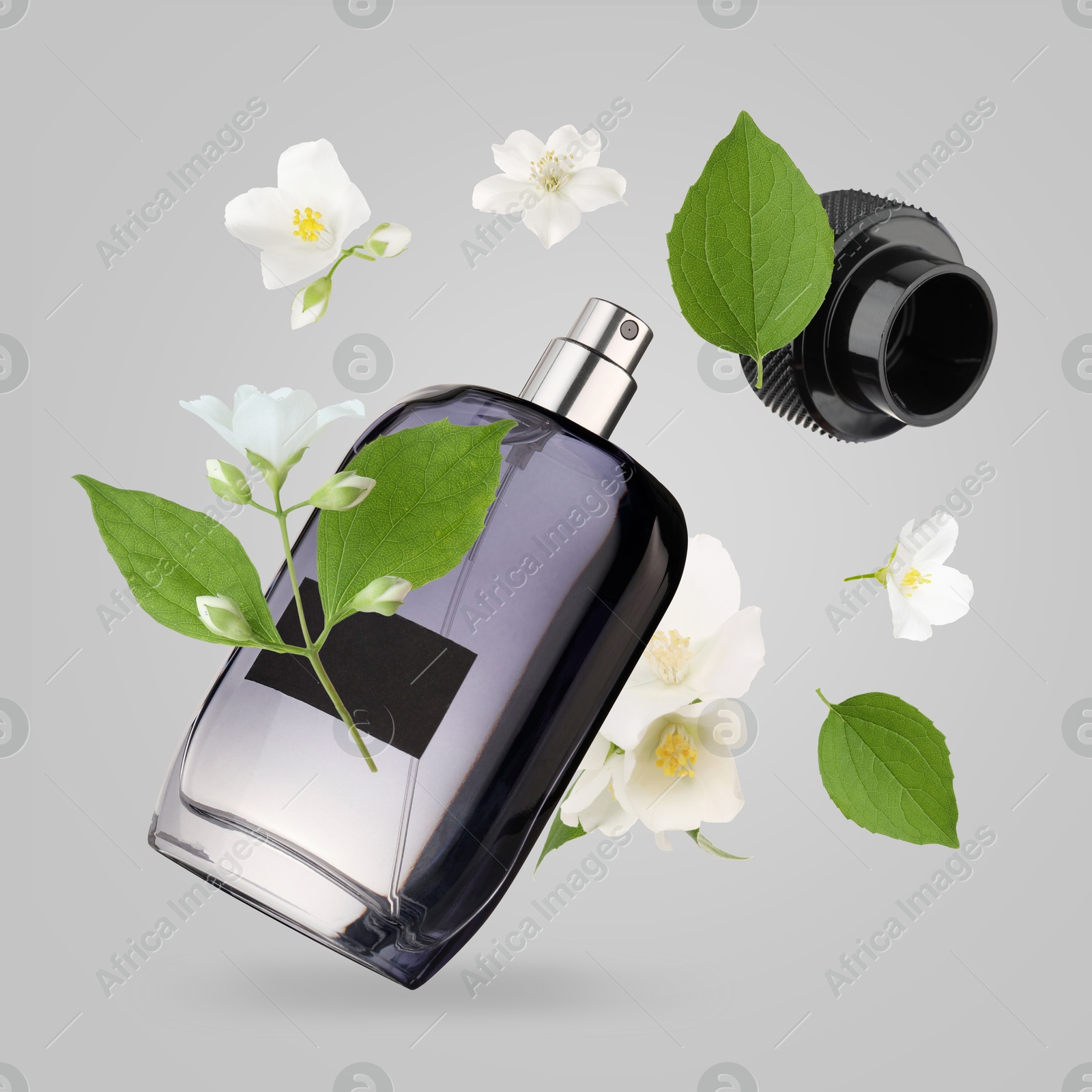 Image of Bottle of floral perfume and jasmine flowers in air on light grey background