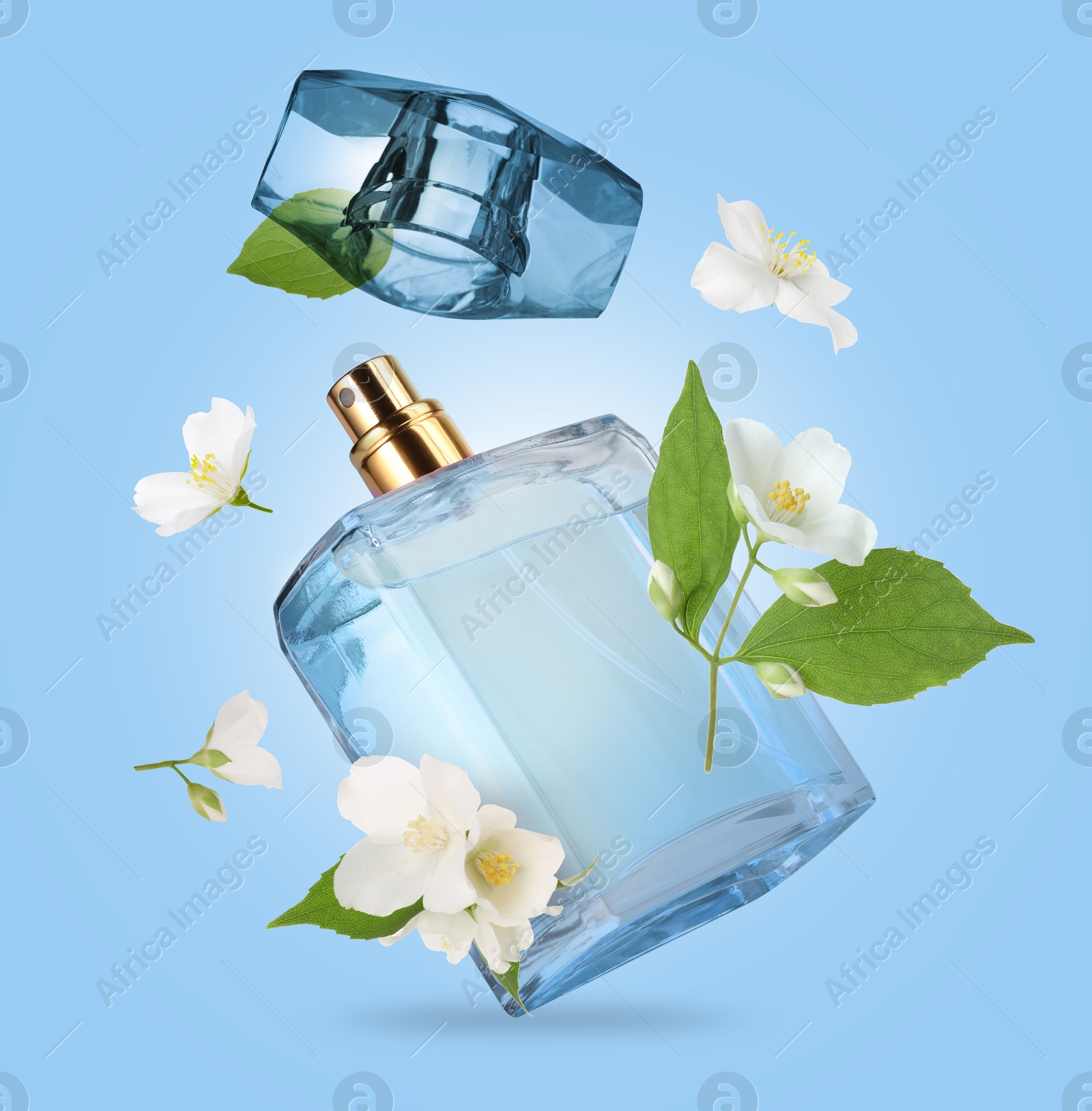 Image of Bottle of floral perfume and jasmine flowers in air on light blue background