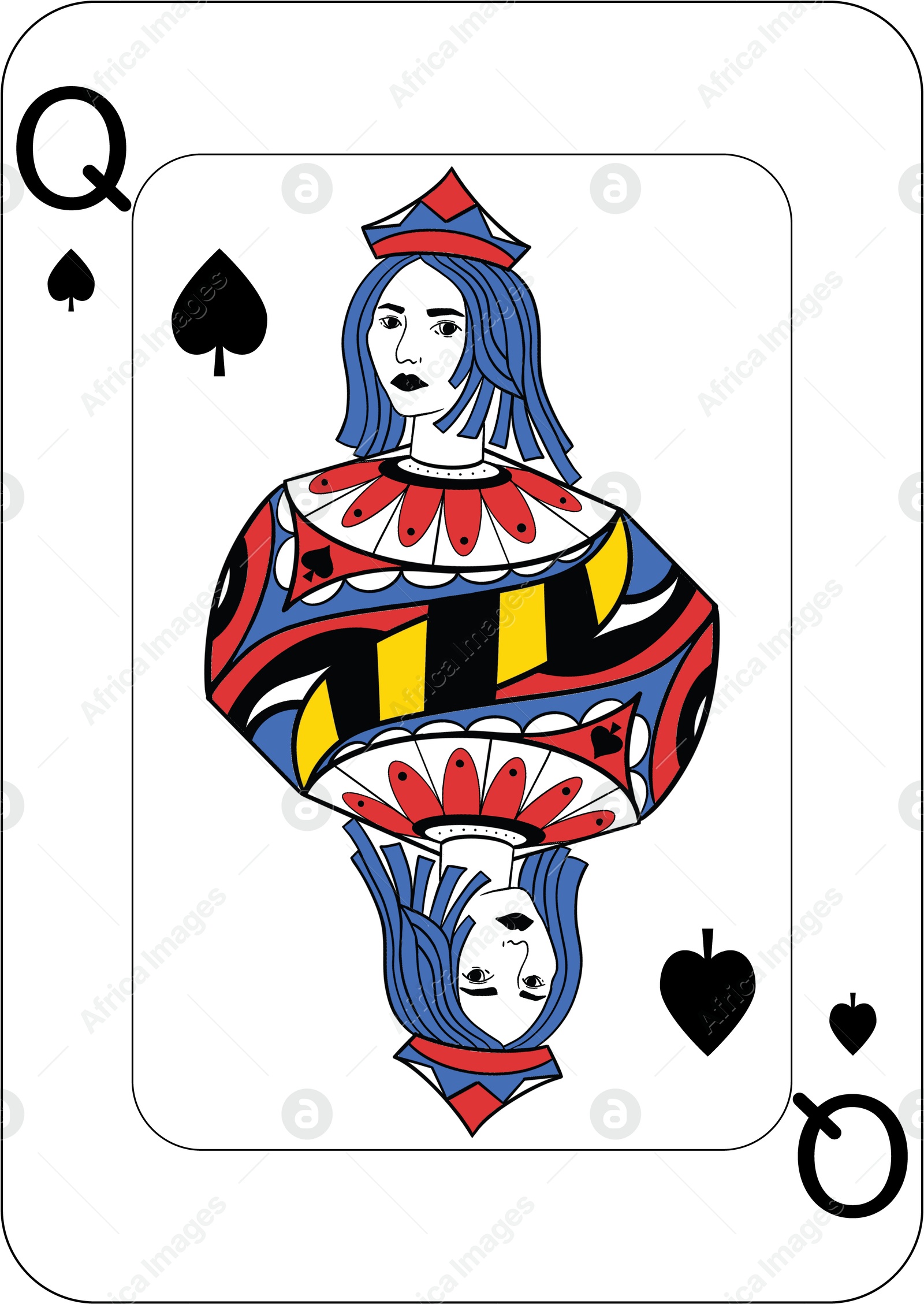 Image of Queen of spades. One playing card, illustration