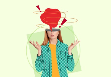 Image of Indignant woman on color background, creative art collage. Red thought bubble and exclamation marks coming out of her head