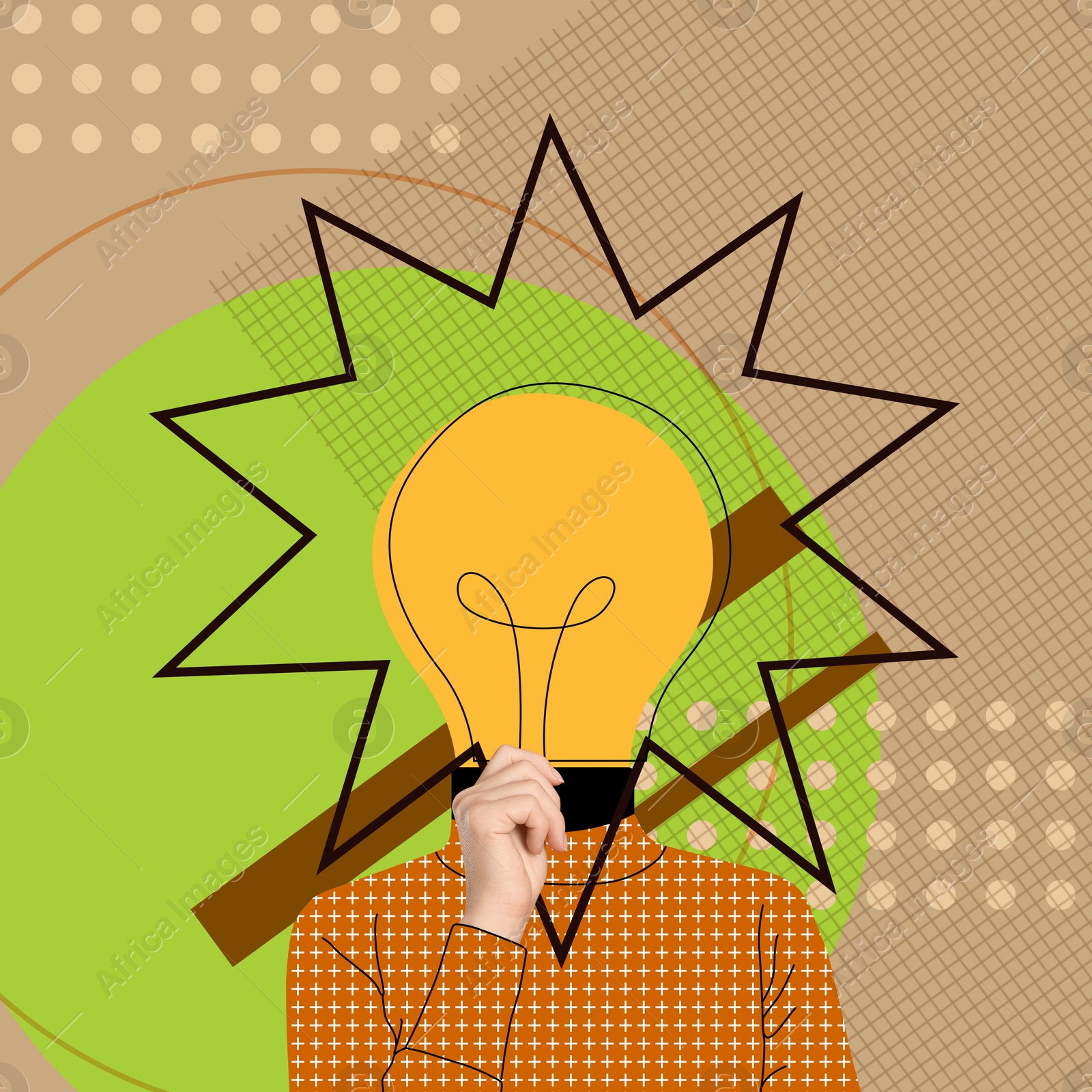 Image of Great idea or solution, creative art collage. Woman with illustration of light bulb instead of head