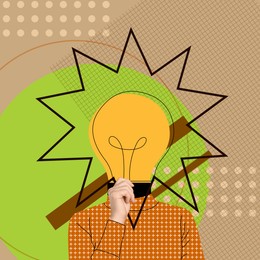 Image of Great idea or solution, creative art collage. Woman with illustration of light bulb instead of head