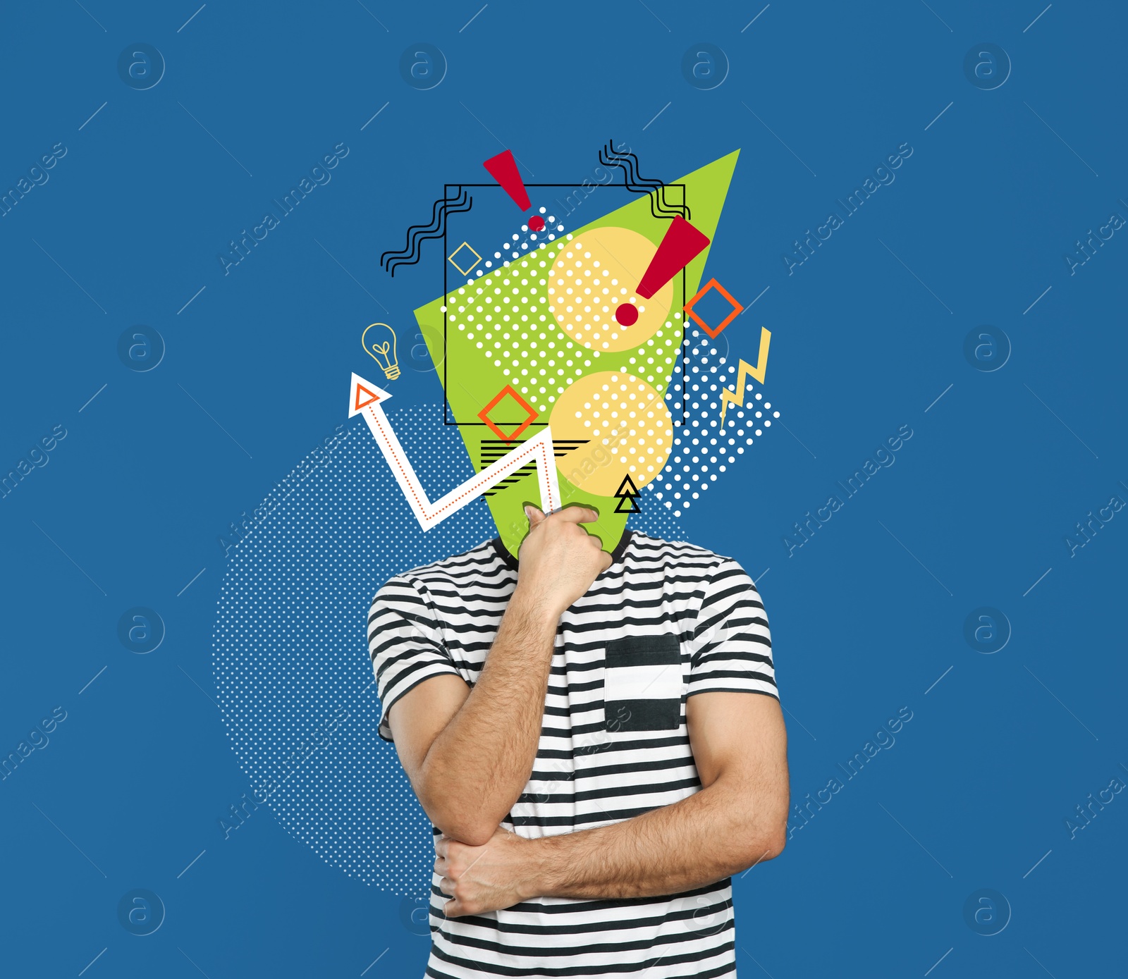 Image of Man with different thoughts and ideas on blue background, creative art collage