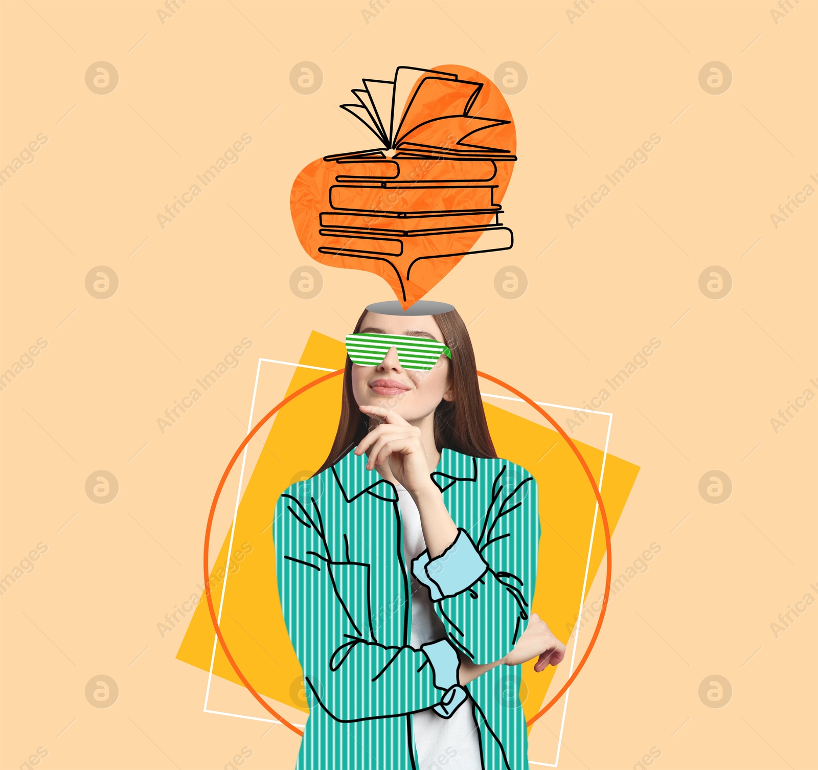 Image of Woman thinking about literature on color background. Illustration of books coming out of her head