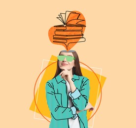 Woman thinking about literature on color background. Illustration of books coming out of her head