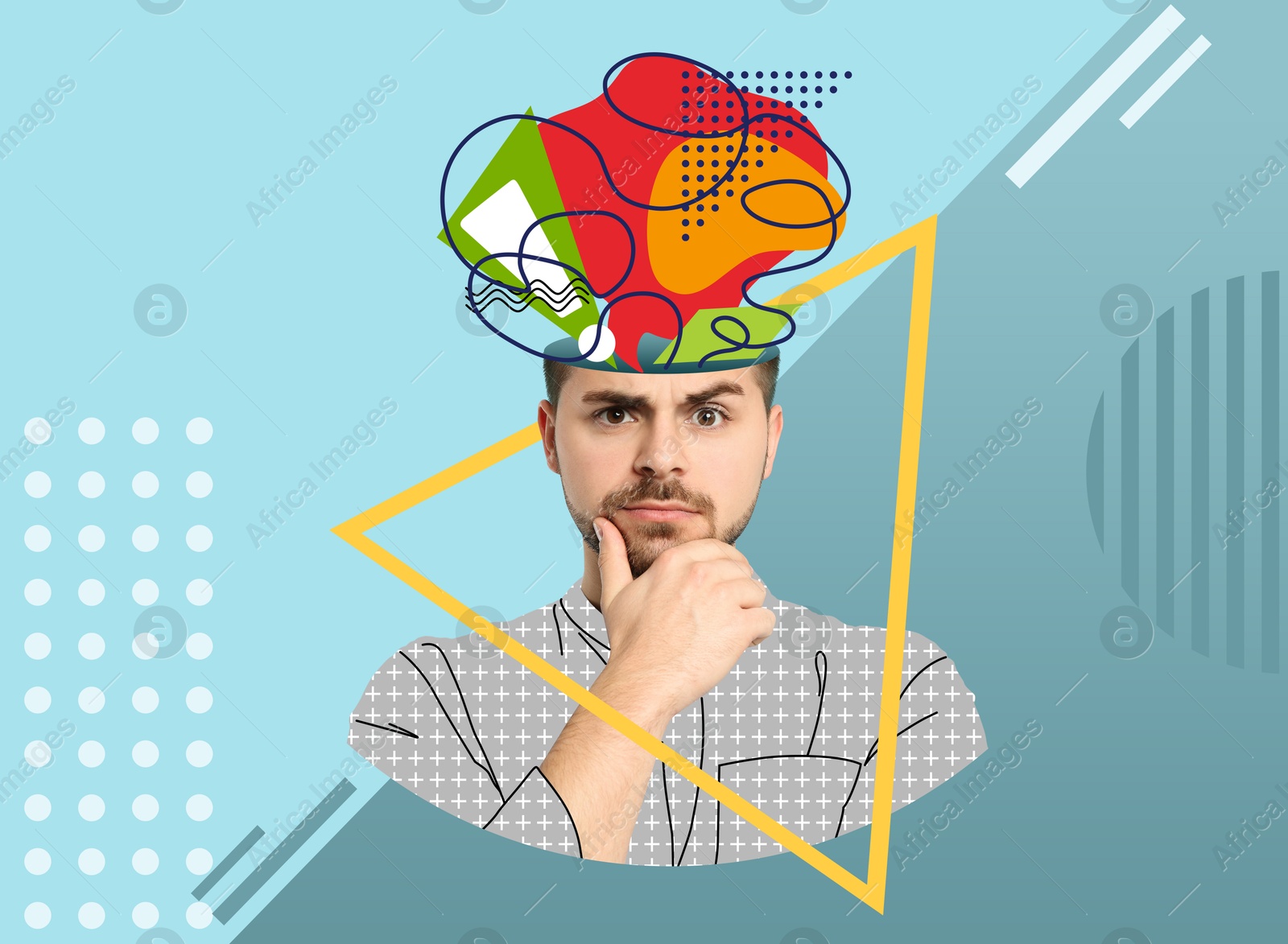 Image of Man with different thoughts and ideas on color background, creative art collage