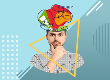 Image of Man with different thoughts and ideas on color background, creative art collage