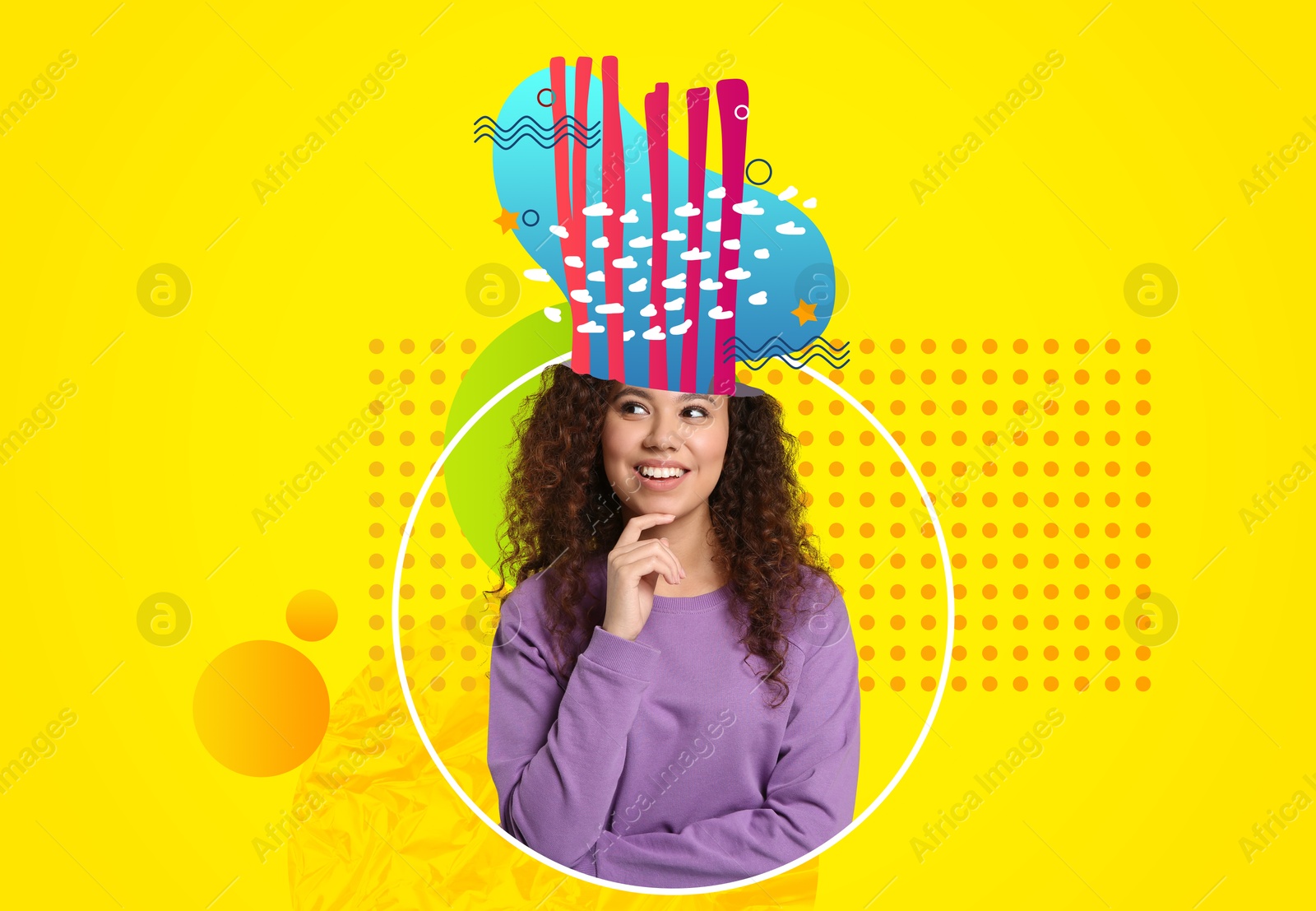 Image of Woman with vivid imagination on color background, creative art collage