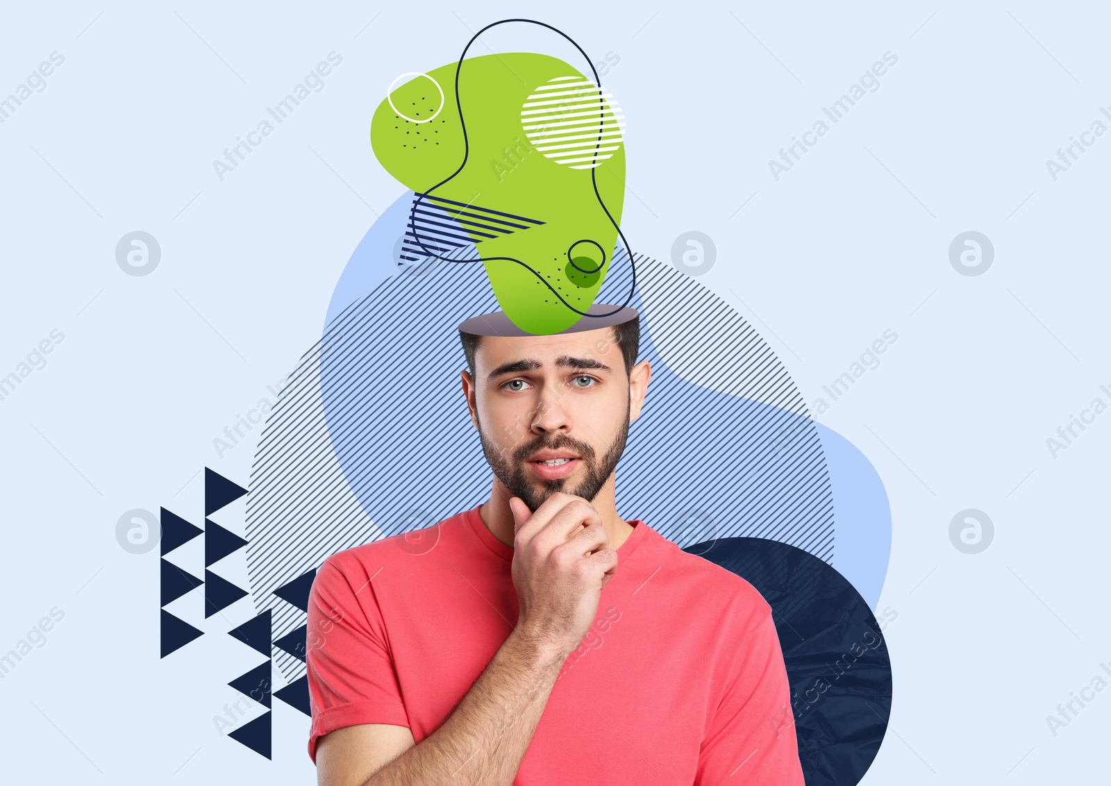 Image of Creative art collage of thoughtful man with drawn elements coming out of his head on color background